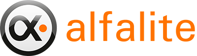Alfalite logo with a circular design in black and orange