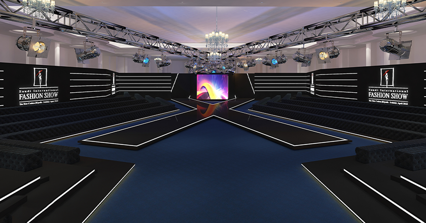 Fashion runway setup with sleek modern stage and lighting