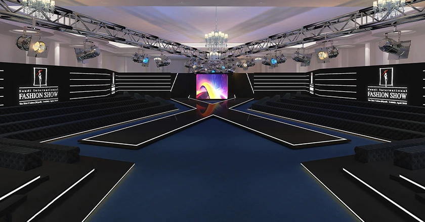Fashion runway setup with sleek modern stage and lighting